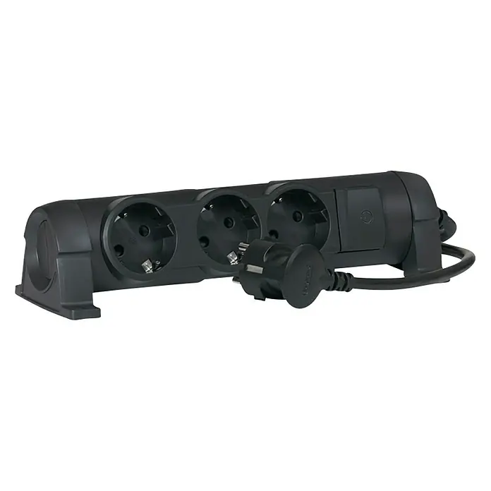 Legrand Base de enchufe múltiple Confort giratoria - Número de enchufes Schuko: 3 ud., Negro, Longitud del cable: 1,5 m, 3.500 W - Vista angular