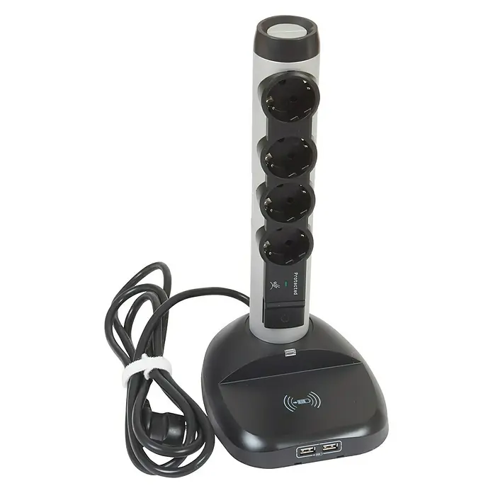 Legrand Base de enchufe múltiple cargador - Número de enchufes Schuko: 4 ud., Negro/Plateado, Longitud del cable: 2 m, 3.500 W - Vista angular