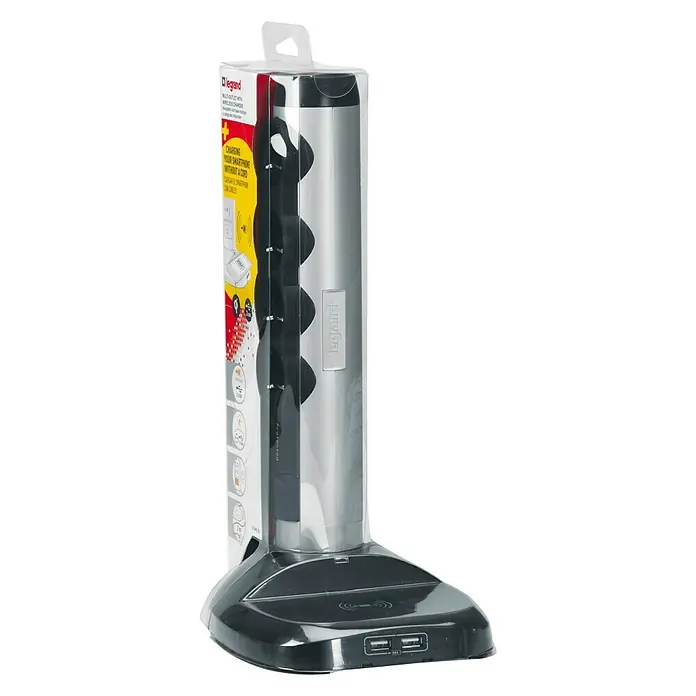 Legrand Base de enchufe múltiple cargador - Número de enchufes Schuko: 4 ud., Negro/Plateado, Longitud del cable: 2 m, 3.500 W - Vista angular