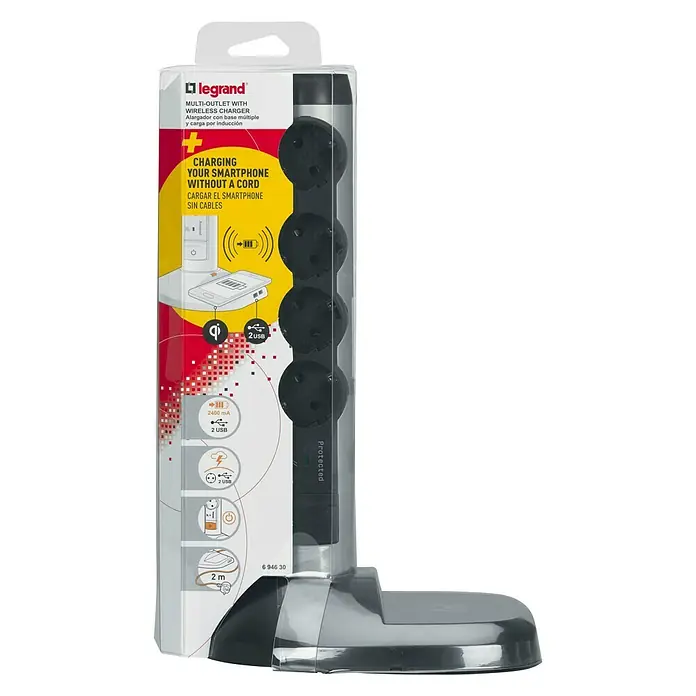 Legrand Base de enchufe múltiple cargador - Número de enchufes Schuko: 4 ud., Negro/Plateado, Longitud del cable: 2 m, 3.500 W - Vista frontal