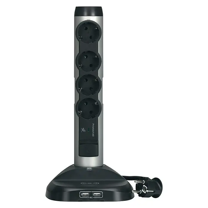 Legrand Base de enchufe múltiple cargador - Número de enchufes Schuko: 4 ud., Negro/Plateado, Longitud del cable: 2 m, 3.500 W - Vista frontal