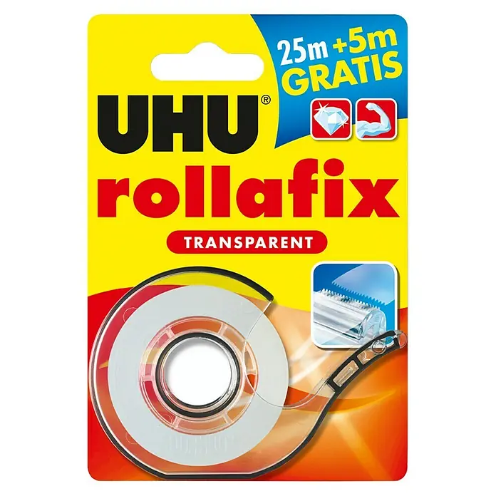 UHU Klebefilm mit Abroller Rollafix - 1 x Kleinroller, 1 x Rolle 19 mm x25 m +5 m gratis - Vorderansicht