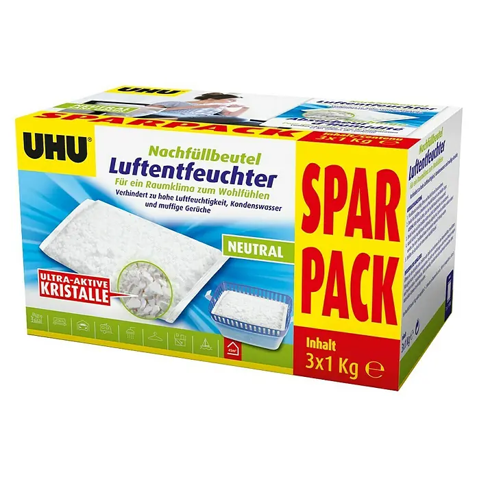 UHU Luftentfeuchter Nachfüllpack Sparpack - 3 Stk. x 1.000 g - Diagonale Ansicht