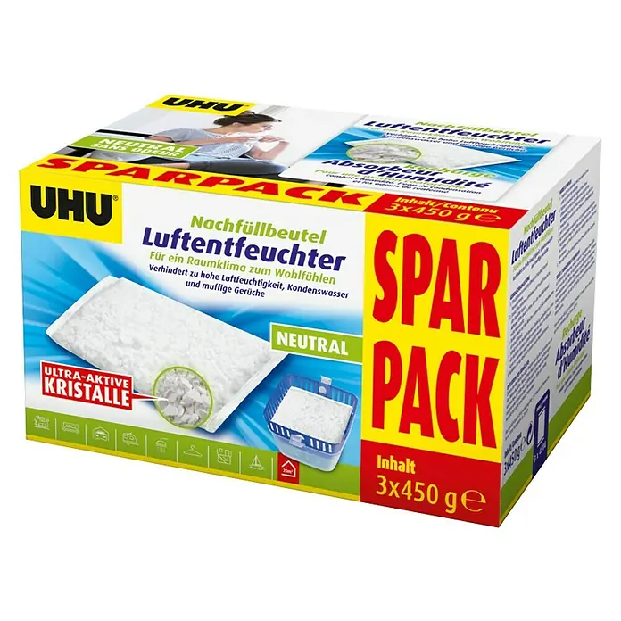 UHU Luftentfeuchter Nachfüllpack Sparpack - 3 Stk. x 450 g - Diagonale Ansicht