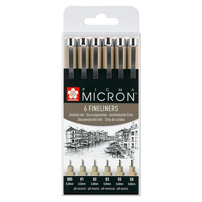 Talens Sakura Set de rotuladores punta fina Pigma Micron - Negro, 6 ud. - Vista frontal