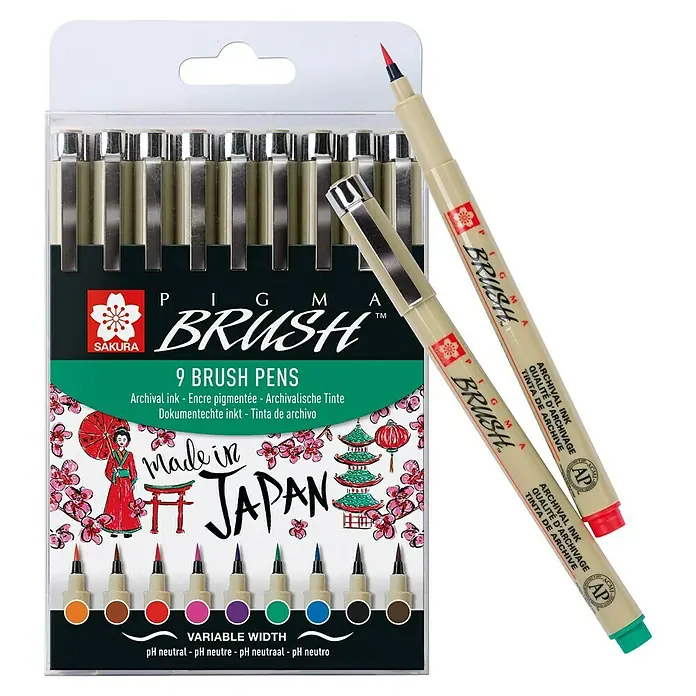 Talens Set de marcadores de efecto lacado Pigma Brush - 9 ud., Multicolor - Vista frontal