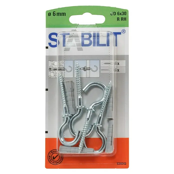 Stabilit Universaldübel-Set - Durchmesser Dübel: 6 mm, Länge Dübel: 30 mm, 4 Stk., Mit Haken - Vorderansicht