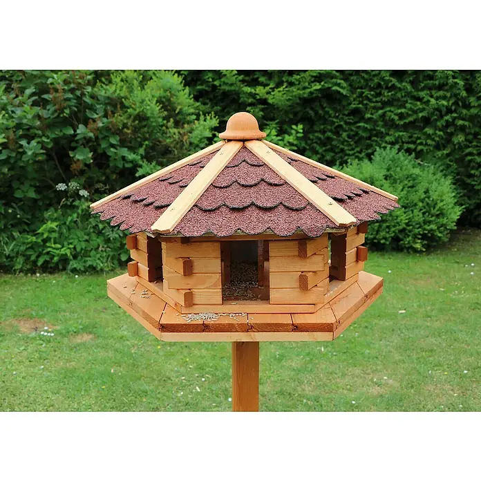 Promadino Vogelfutterhaus Knusperhäuschen - Ø x H: 59 x 38 cm, Natur/Braun, Ausstattung: Vogelhausständer - Detailaufnahme