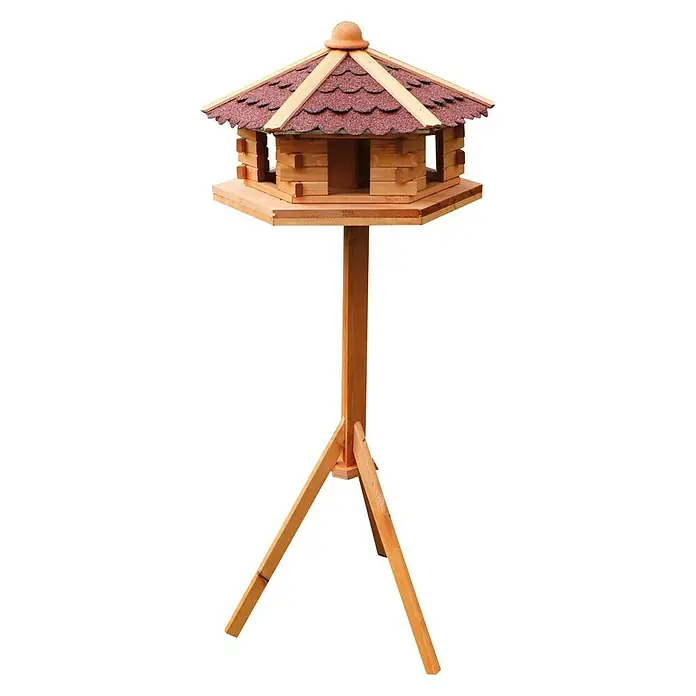 Promadino Vogelfutterhaus Knusperhäuschen - Ø x H: 59 x 38 cm, Natur/Braun, Ausstattung: Vogelhausständer - Diagonale Ansicht
