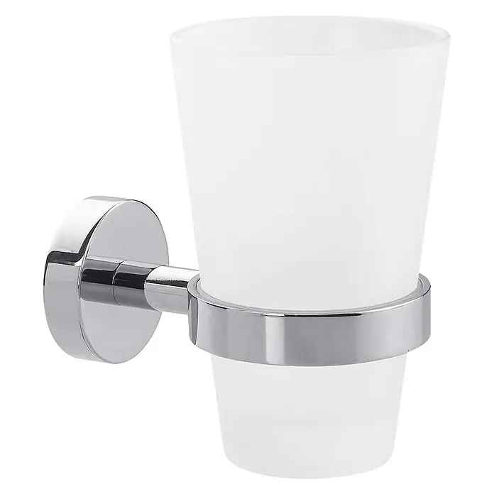 Tesa Hukk Zahnputzbecher Smooz - Mit Halterung, Metall, Satiniert/Chrom - Diagonale Ansicht