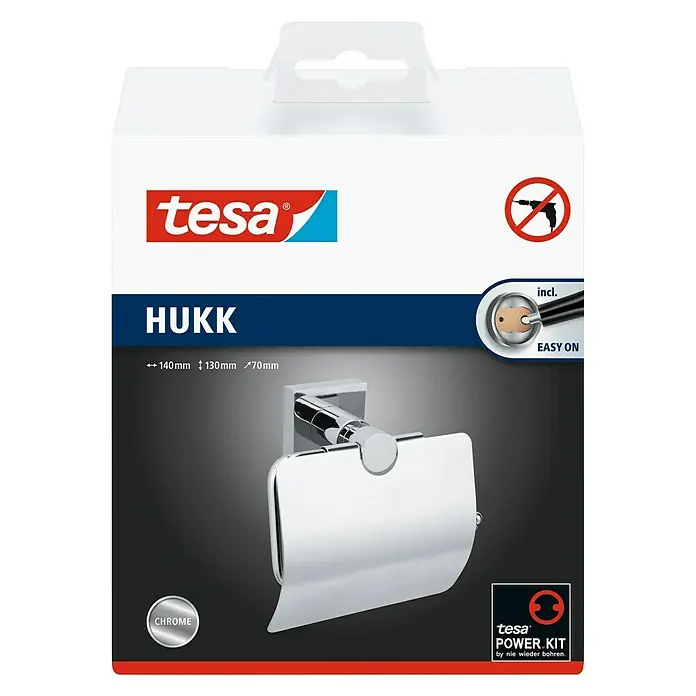 Tesa Hukk Toilettenpapierhalter - Mit Deckel, Chrom, Glänzend - Vorderansicht