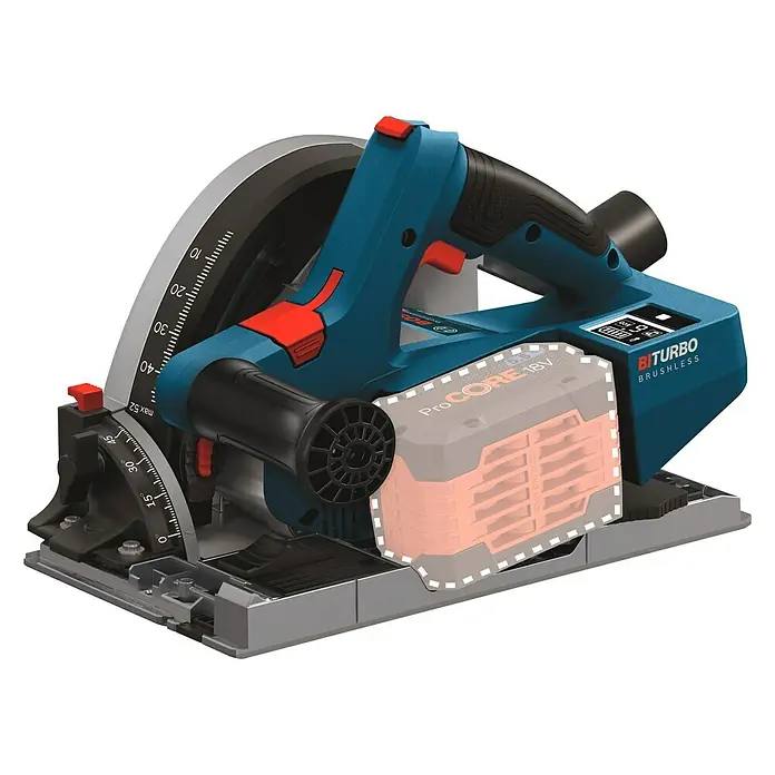 Bosch Professional Biturbo Akku-Tauchsäge GKT 18V-52 GC - 18 V, Ohne Akku, Durchmesser Sägeblatt: 140 mm, Leerlaufdrehzahl: 2.800 U/min - 5.500 U/min - Diagonale Ansicht