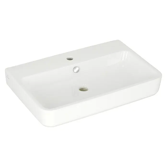 Camargue San Francisco Waschtisch - 70 x 45,5 cm, Ohne Spezialglasur, Hahnloch: Mitte, Mit Überlauf, Weiß - Diagonale Ansicht