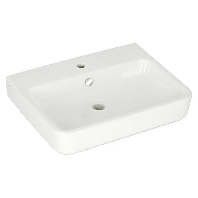 Camargue San Francisco Waschtisch - 60 x 45,5 cm, Ohne Spezialglasur, Hahnloch: Mitte, Mit Überlauf, Weiß - Diagonale Ansicht