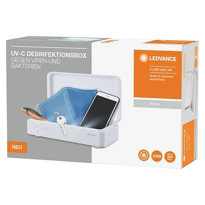 Ledvance Desinfektionsbox UVC LED - Weiß, 21,9 x 12,6 x 6,3 cm, USB-Anschluss - Diagonale Ansicht
