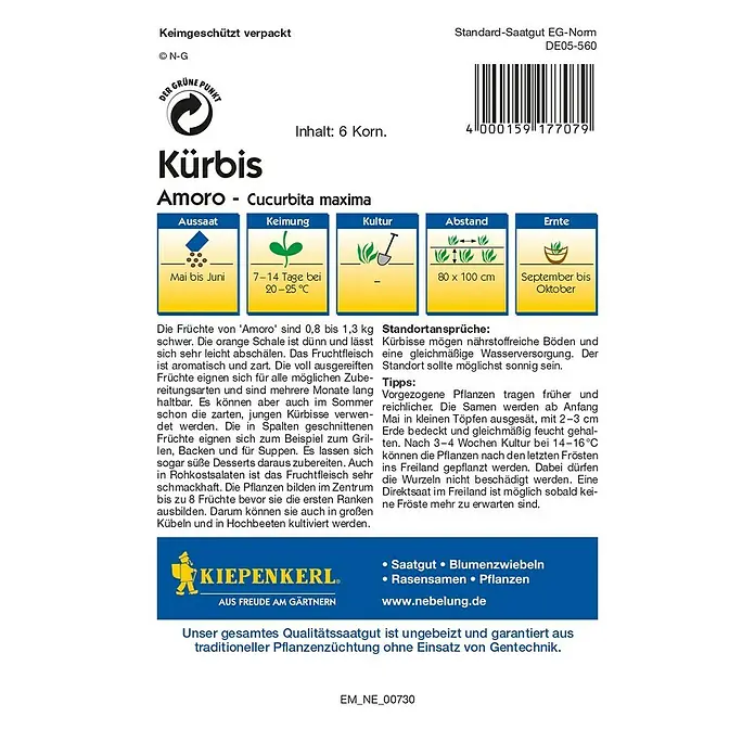 Kiepenkerl Gemüsesamen Kürbis Amoro - Cucurbita maxima, Erntezeit: September - Vorderansicht