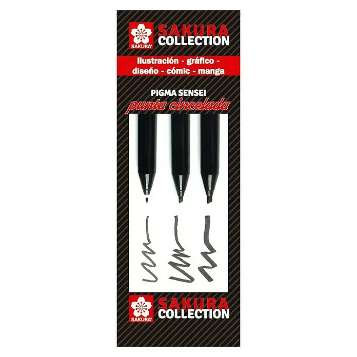 Talens Sakura Set de marcadores de efecto lacado Pigma Sensei Punta Cincelada - 3 ud., Negro - Vista frontal