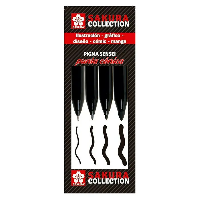 Talens Sakura Set de marcadores de efecto lacado Pigma Sensei Punta Cónica - 4 ud., Negro - Vista frontal