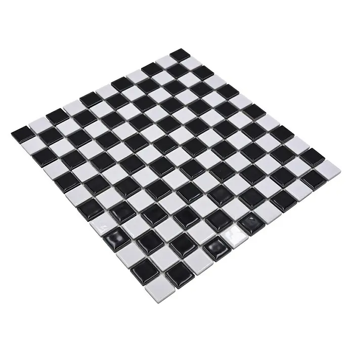 Mozaïektegel Vierkant Schaakbord BM 048 - 32,6 x 30 cm, Zwart/Wit, Glanzend - Diagonaal zicht