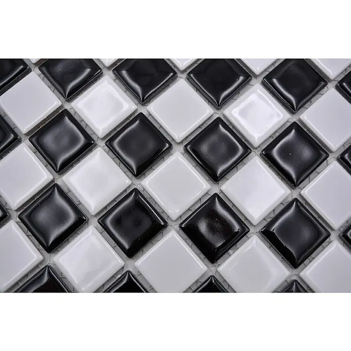Mozaïektegel Vierkant Schaakbord BM 048 - 32,6 x 30 cm, Zwart/Wit, Glanzend - Close-up