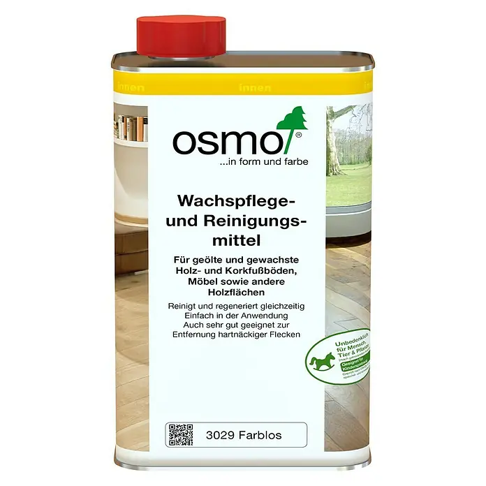 Osmo Wachspflege- & Reinigung - Farblos, 1 l, Seidenmatt, Geeignet für: Geölte und gewachste Holzfußböden - Vorderansicht