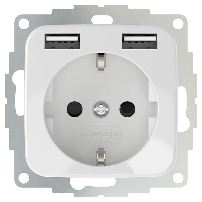 USB-Steckdose - 1-fach, Reinweiß, Kunststoff, 2 USB-Anschlüsse - Vorderansicht