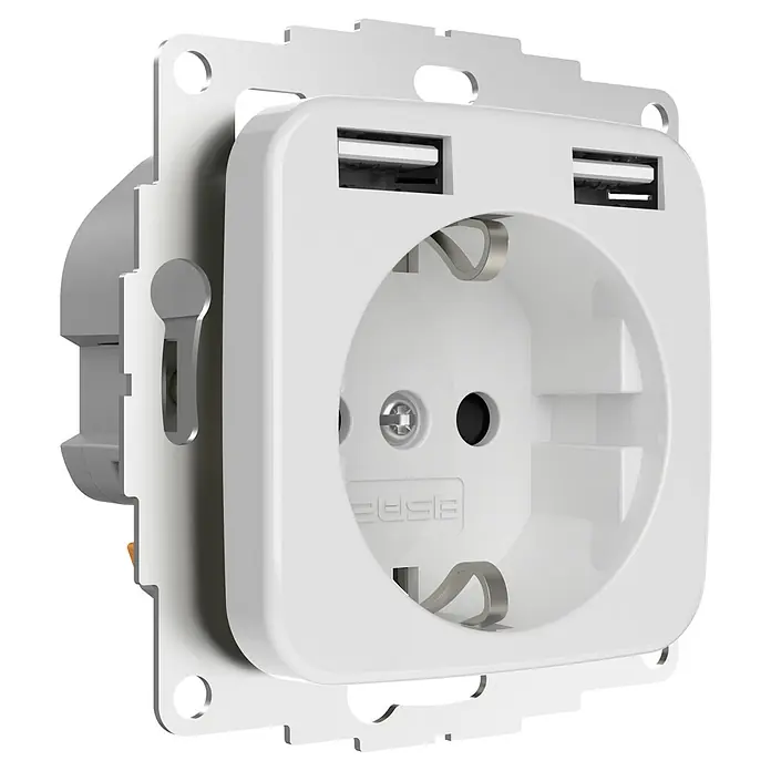USB-Steckdose - 1-fach, Reinweiß, Kunststoff, 2 USB-Anschlüsse - Diagonale Ansicht