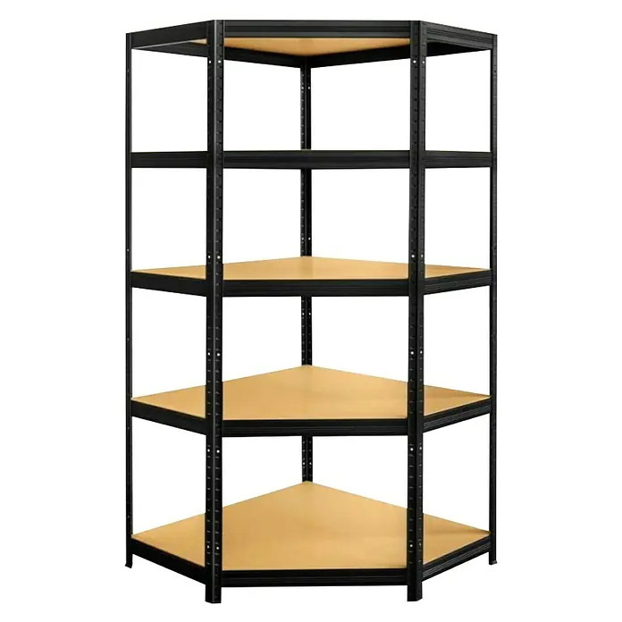Kutni metalni regal Futur - D x Š x V: 45 x 90 x 180 cm, Nosivost: 250 kg/polica, Broj polica: 5 Kom., Crne boje - Pogled sprijeda