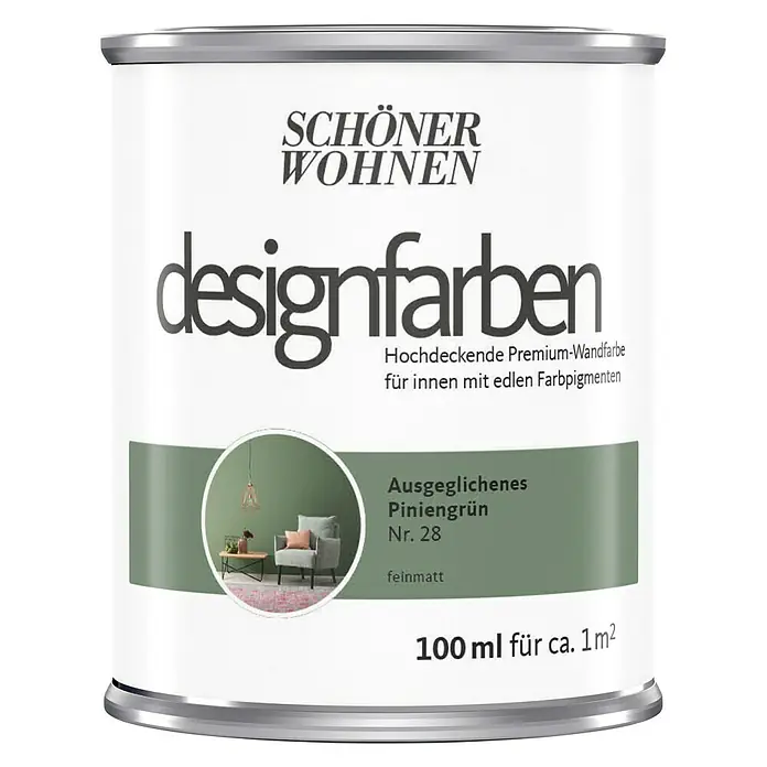 SCHÖNER WOHNEN-Farbe Wandfarbe Designfarbe - Ausgeglichenes Piniengrün, 100 ml, Matt - Vorderansicht