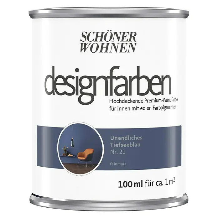 SCHÖNER WOHNEN-Farbe Wandfarbe Designfarbe - Unendliches Tiefseeblau, 100 ml, Matt - Vorderansicht