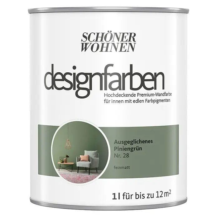 SCHÖNER WOHNEN-Farbe Wandfarbe Designfarbe - Ausgeglichenes Piniengrün, 1 l, Matt - Vorderansicht