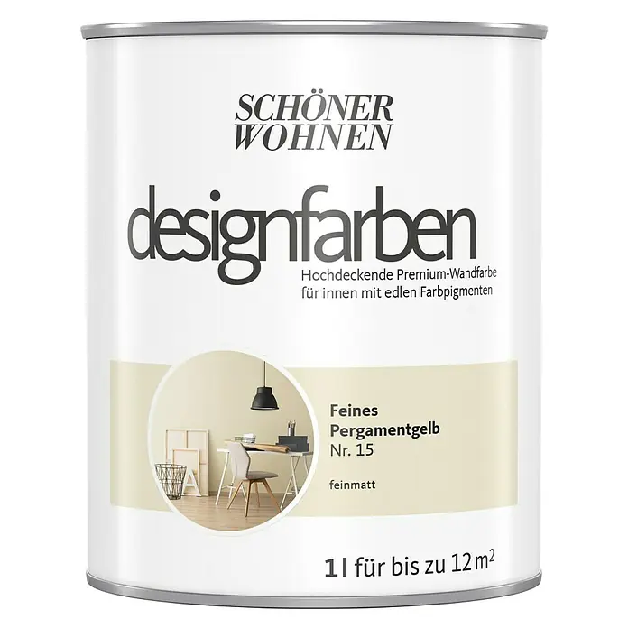 SCHÖNER WOHNEN-Farbe Wandfarbe Designfarbe - Feines Pergamentgelb, 1 l, Matt - Vorderansicht