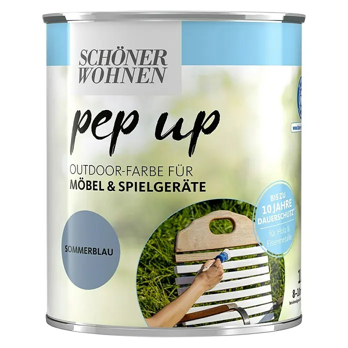 SCHÖNER WOHNEN-Farbe Pep up Outdoor-Farbe für Möbel & Spielgeräte - Sommerblau, 1 l, Seidenmatt - Vorderansicht