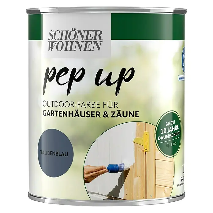 SCHÖNER WOHNEN-Farbe Pep up Outdoor-Farbe für Gartenhäuser & Zäune - Taubenblau, 1 l, Seidenmatt - Vorderansicht