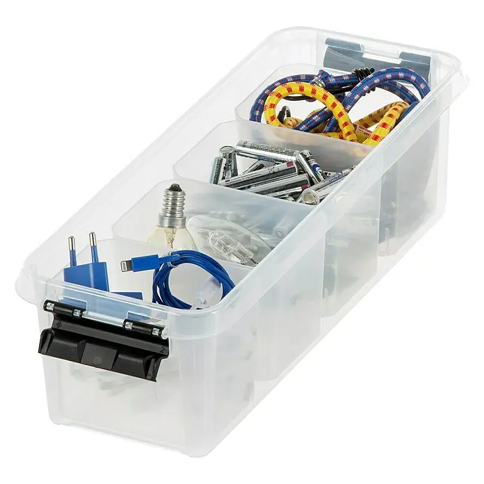 SmartStore Caja de almacenaje ClipBox - L x An x Al: 38 x 14 x 11 cm, Plástico, Transparente - Producto en uso