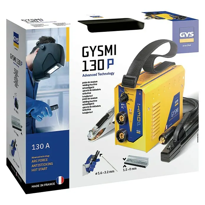 Gys Elektrodenschweißgerät GYSMI 130P - Schweißstrom: 10 - 130 A, Elektrodenstärke: 1,6 - 3,2 mm - Diagonale Ansicht
