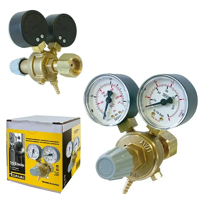 Gys Druckminderer - Geeignet für: Schutzgasflaschen, Manometer (2 Stk.), Durchflussmenge: 20 l/min - Diagonale Ansicht