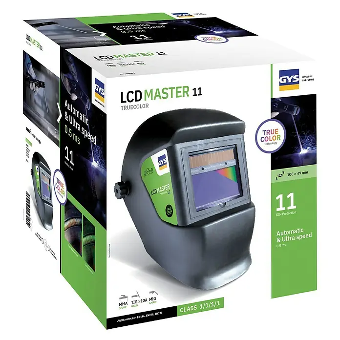 Gys Schweißhelm LCD Master 11 - Maße Sichtfenster: 100 x 49 mm, Schutzstufe: 3/11 - Diagonale Ansicht