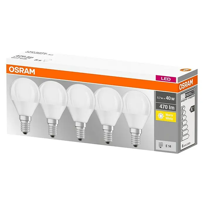 Osram LED-Leuchtmittel Classic P 40 - E14, 5,7 W, P45, 470 lm, 5 Stk. - Diagonale Ansicht