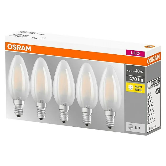 Osram Retrofit LED-Leuchtmittel Classic B - E14, 4 W, B35, 470 lm, 5 Stk. - Diagonale Ansicht