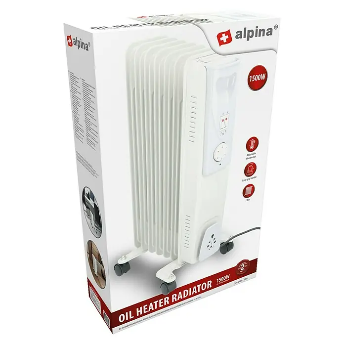 Radiador de aceite Ele - 1.500 W, Blanco, 23,5 x 55 x 33 cm - Vista angular