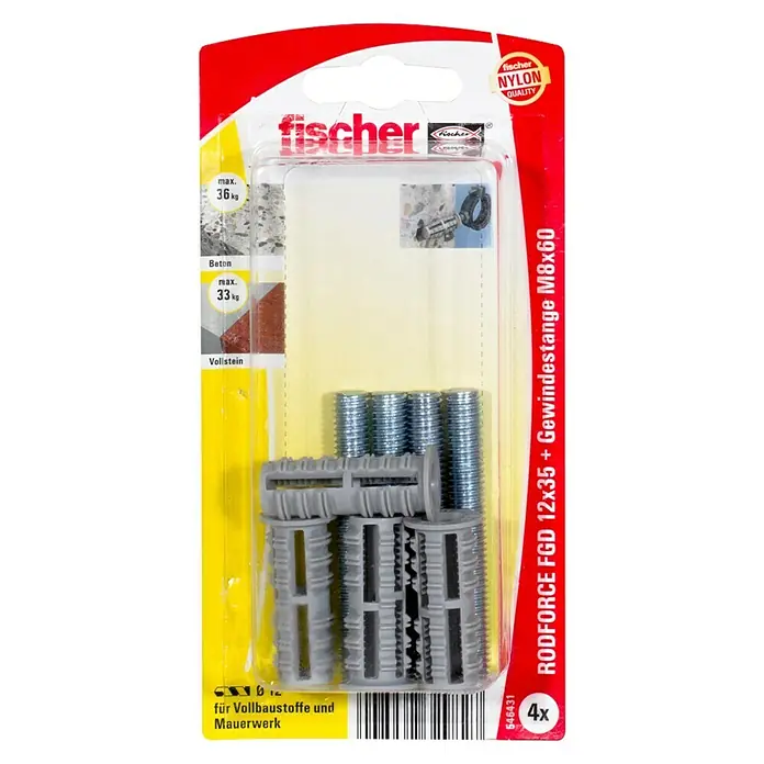 Fischer Rodforce Gewindestangendübel FGD - Länge Dübel: 35 mm, 4 Stk., Gewinde: M8 x 60 mm - Vorderansicht