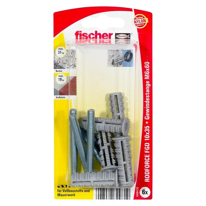 Fischer Rodforce Gewindestangendübel FGD - Länge Dübel: 35 mm, 4 Stk., Gewinde: M6 x 60 mm - Vorderansicht
