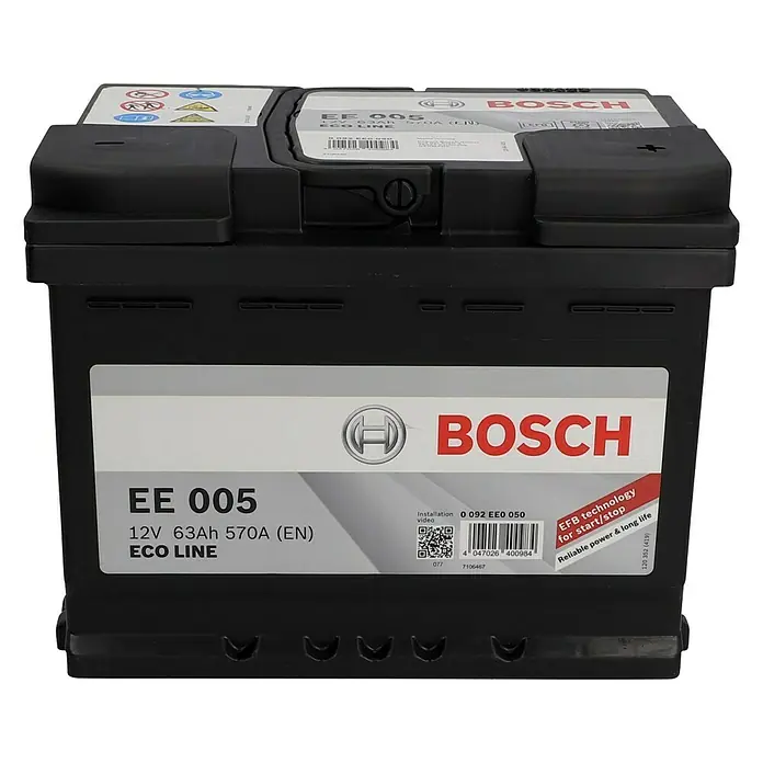 Bosch Autobatterie Eco Line EFB - Kapazität: 63 Ah, 12 V, Ergonomischer Tragegriff - Vorderansicht