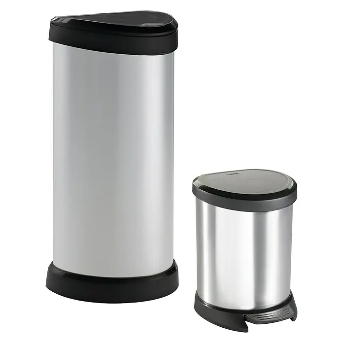 Curver Abfalleimer Set Decobin - 40 l + 5 l, Silber/Schwarz, Kunststoff - Diagonale Ansicht