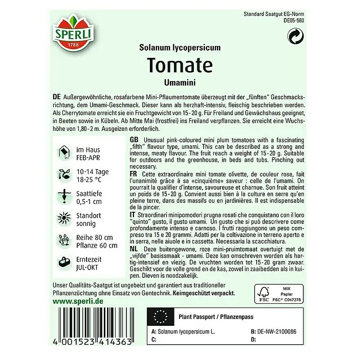 Sperli Gemüsesamen Cherrytomate Umamini - Solanum lycopersicum, Erntezeit: Juli - Rückansicht