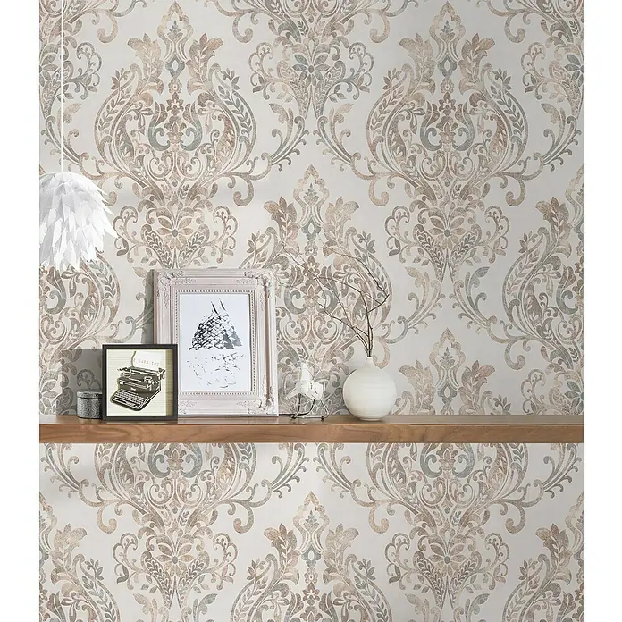 AS Creation New Life Papel pintado de vellón Damasco Nude - Beige/Gris, Motivo decorativo, 10,05 x 0,53 m - Foto ambiente