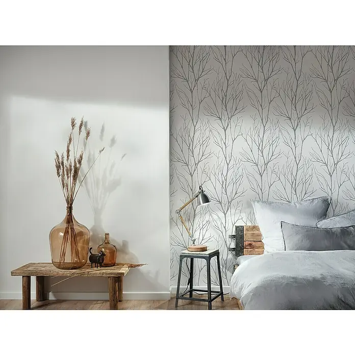 AS Creation Papel pintado de vellón Ramas Árbol - Blanco/Negro, Motivo decorativo, 10,05 x 0,53 m - Foto ambiente