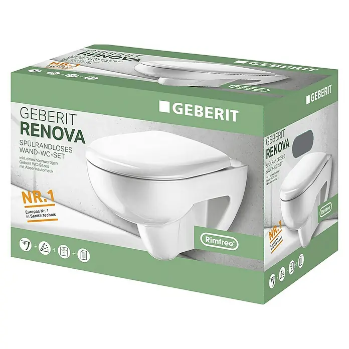 Geberit Renova Nr. 1 Wand-WC-Set - Spülrandlos, Mit antibakterieller Glasur, Spülform: Tief, WC Abgang: Waagerecht, Mit WC-Sitz - Diagonale Ansicht