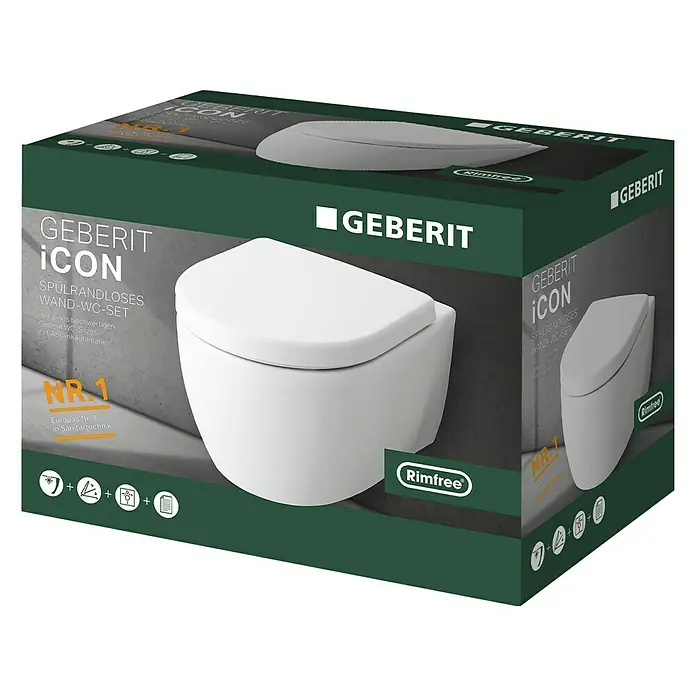 Geberit iCon Wand-WC-Set - Spülrandlos, Ohne Spezialglasur, Spülform: Tief, WC Abgang: Waagerecht, Weiß - Diagonale Ansicht